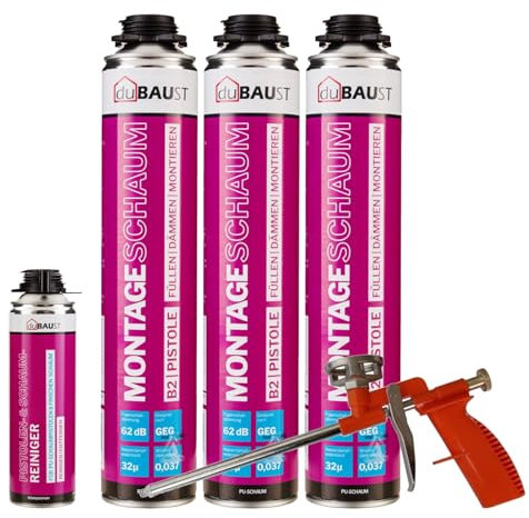 dubaust MSP24 Mousse de construction pour pistolet 750 ml Kit combiné mousse insonorisante haute isolation thermique B2 (avec nettoyant PRS24 500 ml + pistolet à mousse compact, 3 x 750 ml)
