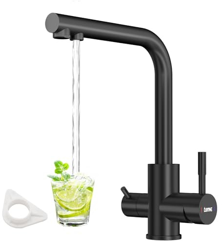 DAYONE Schwarz 3 Wege Wasserhahn mit Filter, SUS304 Edelstahl Trinkwasserhahn, 360 Drehbarer Wasserhahn mit Doppelhebel, 3 in 1 Wasserfilter Wasserhahn Küchen Mischbatterie 1 Loch, Küchenarmatur