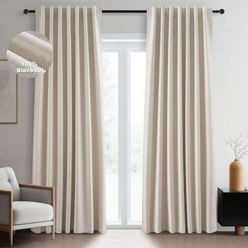 Topfinel Beige 90 Inch Thermal Blackout Curtains for Bedroom Window Nursery, Ivory Soundproof Burlap Doorway Curtains Privacy Noise Cancelling Boho Linen Drapes 2 Panels Rod Pocket/Back Tab/Hook Belt