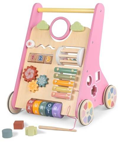Baby Walker with Wheels, Wooden Push Walker Toys for Babies 10-12 Months, Baby Girl Walking Activity Toys for 1 Year Old