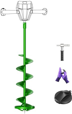 LONGRUN Ice Auger, 8 Inch Ice Drill Auger Bit with Non-Slip Handle and Replaceable Blade Kits, Suitable for Ice Fishing, Digging Holes - Green