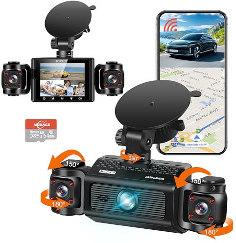 3 Channel Dash Cam WiFi FHD 2K Car Camera with 64GB Card, WIZACE 270° Front Dash Camera Front and Inside Left Right for Cars, Mini Dashcams with Night Vision,Loop Recording,WDR,G-Sensor, APP
