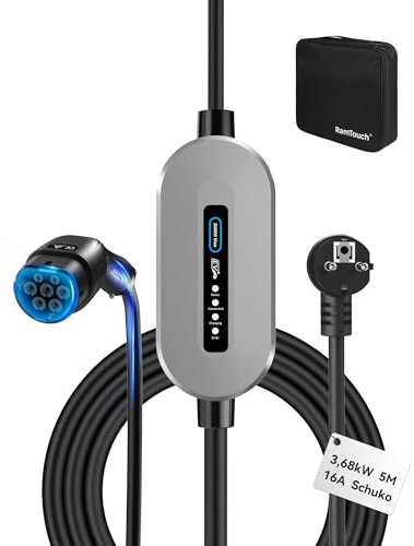 RamTouch Ladekabel Elektroauto Typ 2 Schuko 3,68 kW (230 V, 16 A, 1-phasig, 6,5 m) | Mobile Wallbox/Tragbare Ladestation mit LED | für alle E-Autos & Plug-in-Hybride (PHEV)