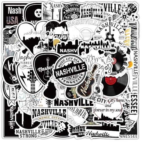 Autocollants Nashville Music City 50 Pièces. Adhésifs mignons et amusants imperméables pour musique, pour ordinateur portable, skateboard, scrapbook, téléphone, moto, ordinateur, bagages. Autocollants