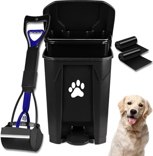 Dog Poop Trash Can Dog Pooper Scooper Dog Waste Station Dog Poop Trash Can Pet Waste Bin Dog Waste Container with Lid Foot Pedal Inner Bin Bucket Garbage Bags for Outdoor Backyard Garden, Black
