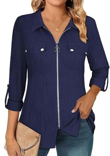 Flikity Long Sleeve Shirts for Women Zipper Collar Blouses for Women Dressy Casual Business Fall Shirts Professional Work Tops Full Zip Roll Sleeve Solid Outwear 2025 Trendy Outfits Dark Blue L