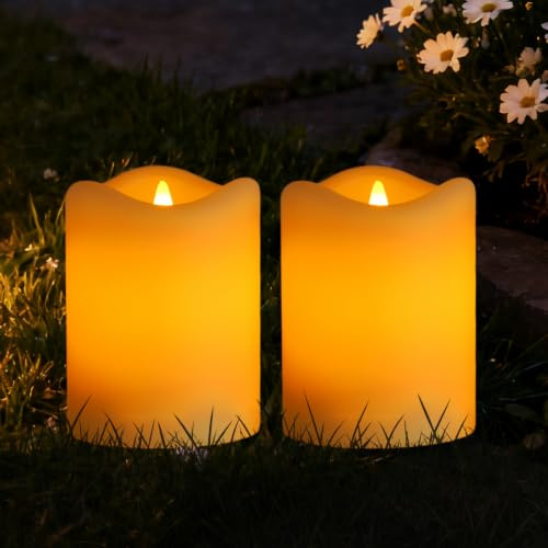 Candele Solari Impermeabili da Esterno, Confezione da 2, Candele Solari a Colonna Senza Fiamma Tremolanti da 7,6 cm x 10,2 cm, Candele Solari Calde di Colore Ambra dal Crepuscolo all'Alba per Lanterne