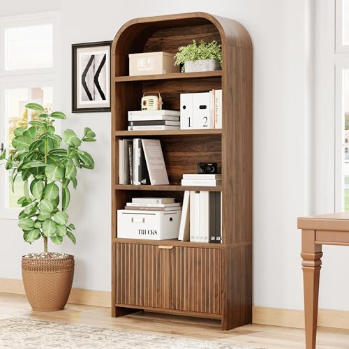 LEVNARY Arched Bookcase with Drawer, 70 Tall 5-Tier Bookshelf with Fluted Carved Drawer, Freestanding Display Storage Cabinet for Living Room Bedroom Home Office (Walnut)