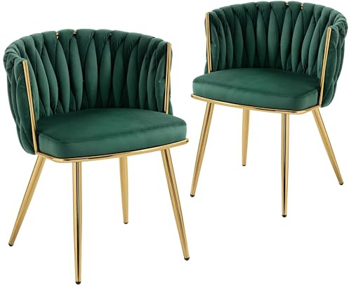 HOMCOM Velvet-Feel Dining Chairs Set of 2, Modern Upholstered Armchair with Knot Design and Golden Metal Legs, Accent Chair for Dining Room, Bedroom, Kitchen, Living Room, Dark Green