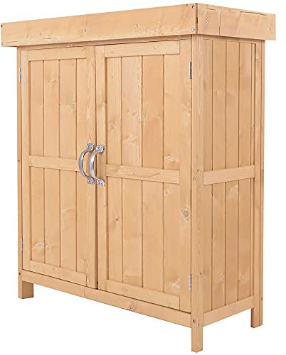 Outsunny Casetta in Legno da Giardino con 2 Ante, Armadio da Esterno Porta Attrezzi da Giardino con Tetto Apribile, 74x43x88 cm