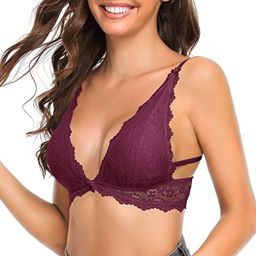 SHEKINI spets BH för kvinnor utan bygel, avtagbara kuddar, triangel-bh, andas och bekväm, Bralette spets, Fuchsia,6072, XL