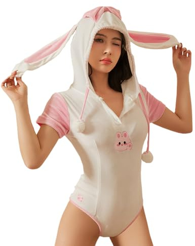 Oludkeph Disfraz de conejo para mujer, lencería de anime, cosplay, mono japonés con capucha (blanco y rosa 1, talla única)