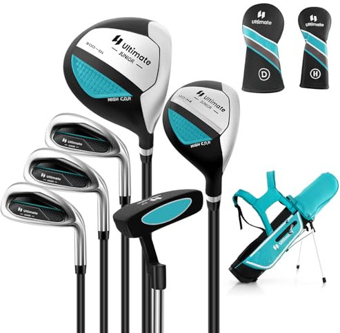 COSTWAY 6-teiliges Kinder Golfschläger Set, Rechtshand Golfschlägersätze mit Golftasche & Regenhaube, Komplettes Golf Set inkl. 7/9/S Eisen, 1 Driver, 4 Hybrid & Putter für 11-13 Jahren Kinder(Blau)