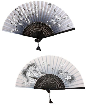 KGDUYC 2 PCS Abanicos de Mano Ventilador Plegable Chino de Bambú de Tela de Seda Plegables Portátil Abanicos Plegables con Borlas Ventiladores Plegables para Decoración Espectáculos Atrezzo Bodas