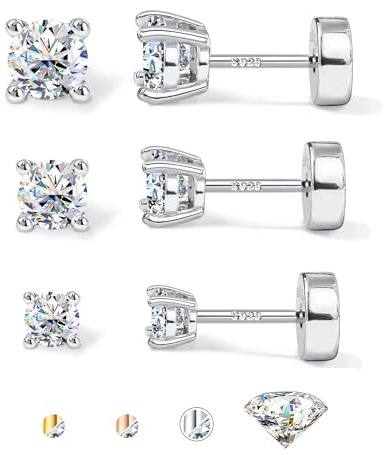 GEMQUEEN 3 Pairs Moissanite Earrings Studs Flat Back 925 Sterling Silver