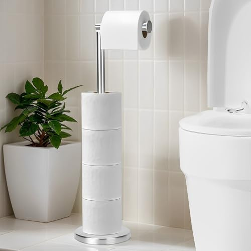 MEETOZ Free-standing Toilet Roll Holder, Stainless Steel Toilet Paper Holder, Premium Toilet Roll Stand for Bathroom 2 in 1 Holder and Storage for 5 Rolls
