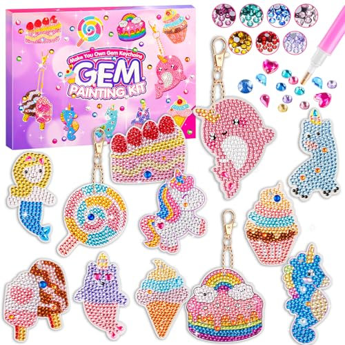 HGRGHH Hantverk flicka 6 7 8 9 10 år, 5D diamantmålning nyckelring, pyssla din egen GEM-nyckelring, pysselset barn från 6 år, enhörning flicka presenter 6–12 år
