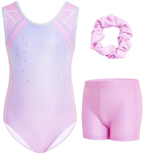 Gogokids Ärmelloses Gymnastiktrikot Set für Mädchen, dreiteilig mit Shorts und Haargummi, Kinder Gymnastik Outfits mit Aushöhlen & überkreuztem Design, Glitzer Ballett-Einteiler für Alter 6-7