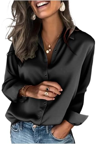 Zeagoo Chemise en Satin pour Femme à Manches Longues Soie Chic Boutons Chemisier Élégante col en V Blouse Décontracté Affaires Shirts Ample Fluide Hauts Noir L