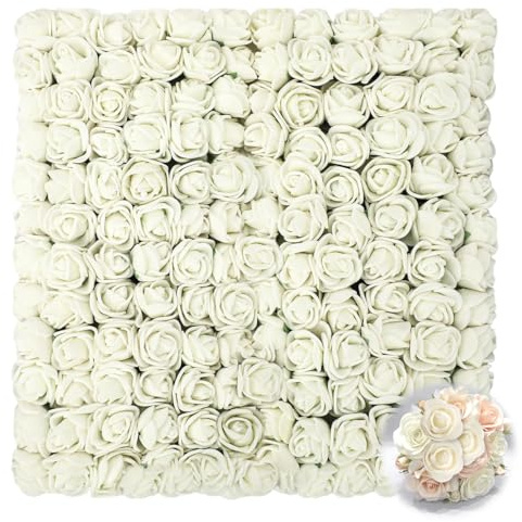 AetherAurora 144 Pezzi Rose in Schiuma Piccoli, 2.5cm Mini Rose Finte Bianche, Roselline per Decorazioni con Gambo, Valentino Matrimonio Festa Halloween Festival Decorazione Casa Fai da Te