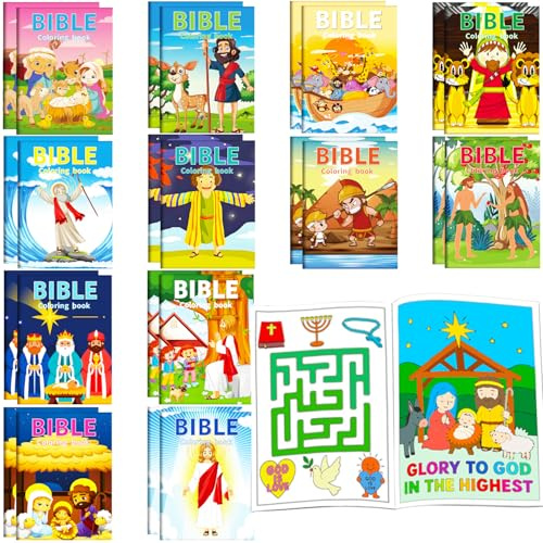 Aannanl Bible Livre Coloriage Enfant 24 Mini Livre de Coloriage Enfants sur des Thèmes Jésus Religion,Cadeau Anniversaire Enfants Invites Pochette Surprise