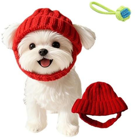Bonnet tricoté rouge avec cache-oreilles pour chien – Bonnet d'hiver chaud pour animal de compagnie, bonnet doux et extensible pour chiot, cache-cou, accessoire pour chiens de petite et moyenne taille