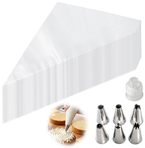 Wcawnlt 100 Pièces Poches à Douilles, Comprenant 6 Douilles en INOX,1 Adaptateur, Poches à Pâtisserie Jetables, Professionnelles pour la Décoration de Pâtisseries, Set pour Gâteaux et Cupcakes ﻿