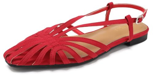 Dammode retro flätad urholkad stängd tå platta sandaler dra på lätt komfort sommarskor, Röd, 39 EU