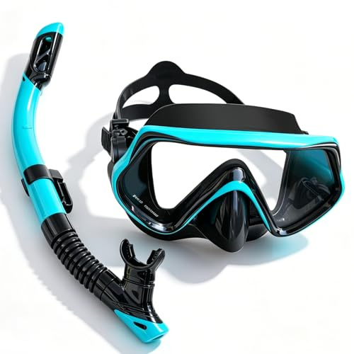 Aurinovellia Masque Plongée Adulte, Masque de Plongée avec Tuba Sec, Masque Tuba Panoramiques 180°, Kit Snorkeling Anti-Buée Anti-Fuite, Unisexe, pour la Natation et la Plongée en Apnée, Noir Bleu