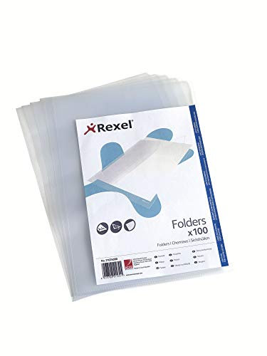 Rexel Standard Prospekthülle A4, 100 Kunststoffhüllen für Dokumente, 30% Pre-Consumer-Recycling-Kunststoff, 100% recycelbar, für 40 Blatt, Öffnung oben und an der Seite, 85 Mikron, 21674090