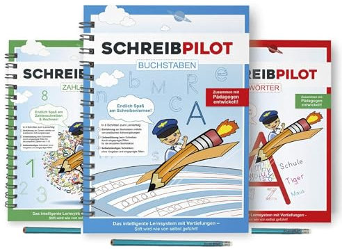 SCHREIBPILOT 3er Set Schreiblernhefte für ABC-Schützen mit vorgeprägten Buchstaben, Zahlen und Wörtern | Lernsystem entwickelt von Lehrern, Professoren und Schülern