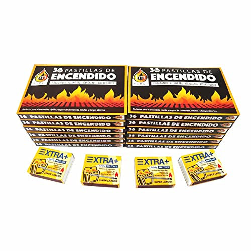 12 Cajas 432 Pastillas de Encendido Chimenea, Estufas y Barbacoas,Pastilla encender Carbon + 1Caja 120 fósforos de Madera extralargos de 5.5cm.