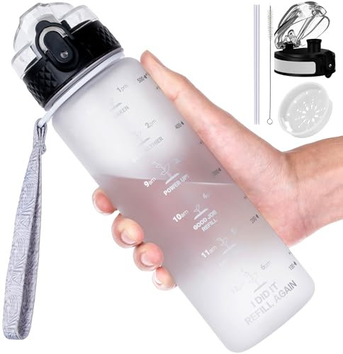 GOPPUS 500ml/17oz Borraccia per Bambini con Cannuccia Senza BPA Borraccia per Bevande a Tenuta Stagna per Scuola Tritan Borraccia Sportiva Riutilizzabile con Marcature del Tempo con 2 Coperchi