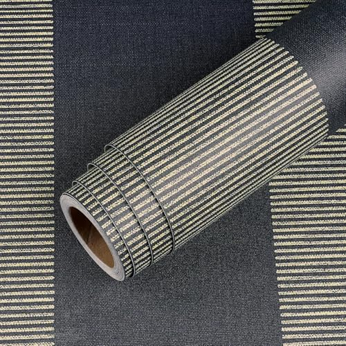 Livelynine 17.5x276 Black and Gold Striped Peel and Stick Wallpaper for Bedroom Vintage Fabric Wall Paper Modern Wallpaper for Living Room Luxury Horizontal Stripes Removable Contact Paper for Walls
