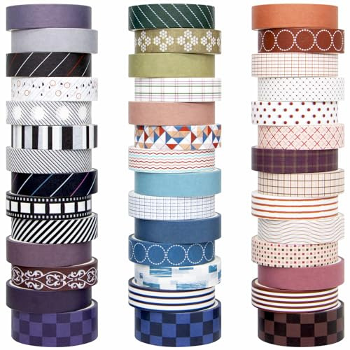 Biuunsf 44 Rolls Washi Tape Set, 10 mm and 15 mm Wide Grid Colored Masking Tape for Scrapbooking Supplies, DIY Crafts, Bullet Journal Supplies, Planner, Junk Journal (Minimalist)