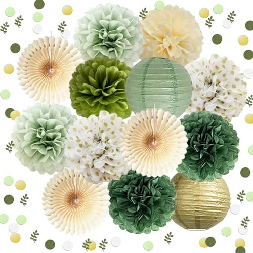 Party Deko Grün Tischdeko Geburtstag Salbeigrün Gold Seidenpapier Pom Poms Papierfächer Papierlaterne Grün Gold Konfetti für Mann Frau Mädchen Junge Geburtstag Babyparty Hochzeit Party Deko