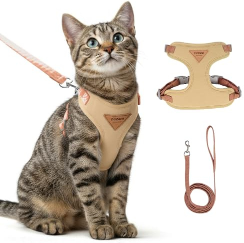 Escape-Proof Cat Harness and Leash Set - Adjustable and Comfortable - Ideal for Walking Cat Outdoors - Fits Small Dogs, Kittens, Medium, and Large Cats (Beige, M)