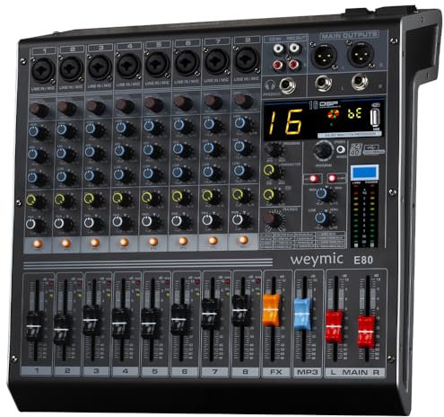Weymic E-Series Professional Mixer for Recording DJ Stage Karaoke Music Application w/USB Drive for Computer Recording Input, XLR Microphone Jack, 48V Power for Professional (8-Channel)