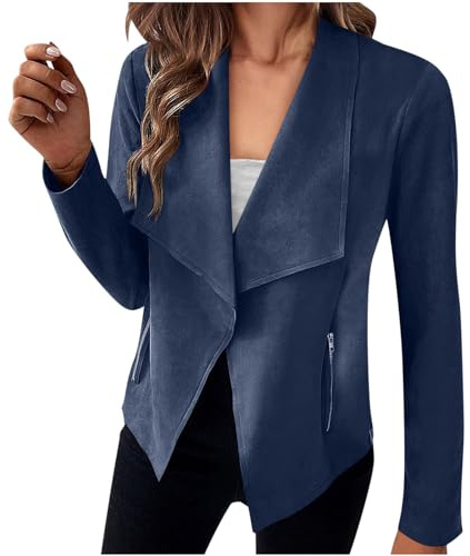TANMESSO Women's 2024 Long Sleeve Open Front Cropped Faux Suede Jackets (Navy Blue,L,L,Regular,Regular)