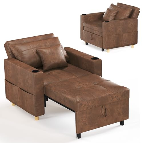 YODOLLA 3-in-1 Pull Out Sleeper Chair Bed 97cm Single Sofa Armchair,Brown