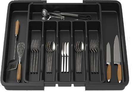 Cutlery Drawer Organiser, Expandable 6-8 Compartment Cutlery Tray for Kitchen Drawer, Adjustable Utensils and Silverware Holder, Plastic Flatware Spoons Forks Knives Holder Storage Insert, Black