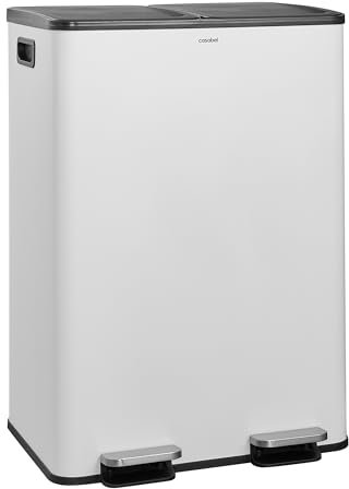 CASABEL Cubo de Basura Selectiva 60L - 2 x 30 Litros, Compartimentos Dobles 2x30L, Acero Inoxidable Blanco, Papelera de Reciclaje de Pedal Rectangular, Anti Trazas, Anti Olores, Empresa Francesa