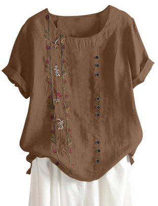 TURWXGSO Linen Tops for Women UK Casual Loose Summer T-Shirts Foral Embroidered Boho Top Short Sleeve Tunic Blouses Crew Neck Button Pullover Trendy Cute Tees Plus Size 14-28