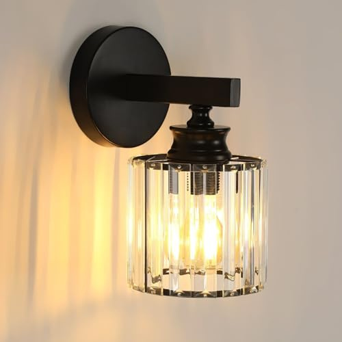Pheashine Modern Crystal Wall Light, E27 Black Crystal Wall Sconce Lamp, Walls Lighting Fixture for Bedroom, Living Room, Hallway