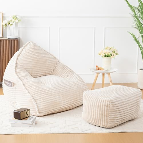 Vamcheer Sitzsack Erwachsene mit Hocker - Schlafsessel Flauschiger Ultraweicher Flanellstoff, Bean Bag Chair mit Schwamm Gefüllt XXL, Sitzsack Sessel Beige, Stabil Boneless Couch Wohnzimmer