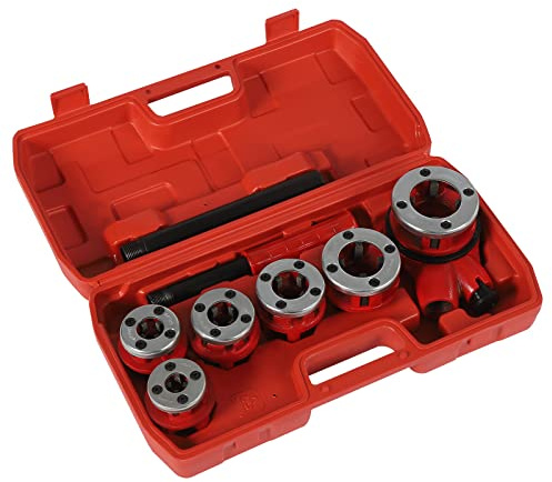 Skärdocka 9 st. Set av stål, gängskärdocka med 6 skärhuvuden, rörgängskärssats, rörgängskärare, gängskärare, 1/4 tum, 3/8 tum, 1/2 tum, 3/4 tum, 1,1–1/4 tum i resväskan