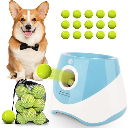 Lanzador automático de pelotas para perros, mini lanzador de pelotas de tenis con 15 pelotas de tenis, juguete interactivo de entrenamiento para perros pequeños, uso en interiores y exteriores