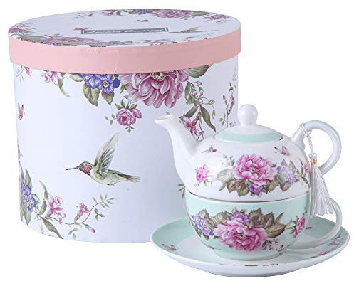 London Boutique Tea for One - Juego de Tetera, diseño de Flores y Mariposas, Color Verde Azulado