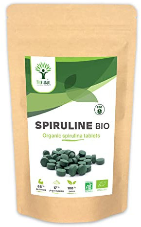 Bio Spirulina – BCAA Eisen Vitamin A 65% Protein 17% Phycocyanin – rein und ohne Zusatzstoffe – Nahrungsergänzungsmittel – 500 mg/Tablette – in der EU verpackt – Bio Zertifizierung – 150 Tabletten