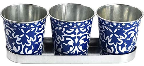 Fallen Fruits Decorative POTS ON Tray, Ideal for Herbs, Metal, Blue & White, one Size
